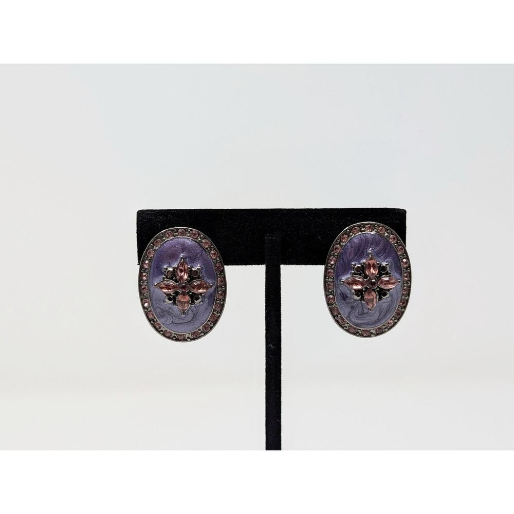 Oval Clip On Earrings Purple Pink Floral Bling Sparkle Enamel